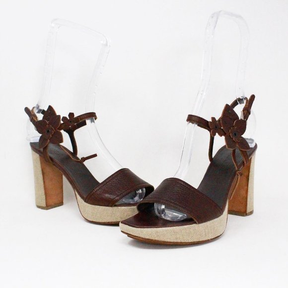 PRADA #41545-R Brown Leather Flower Heeled Sandals (US 6 EU 36) - Picture 1 of 9